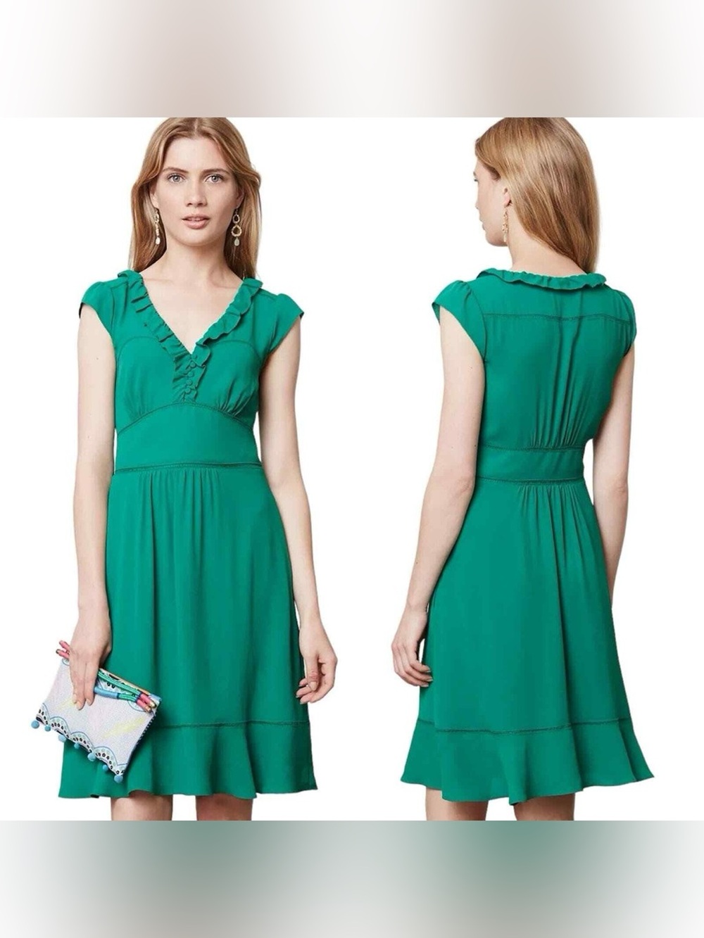 Anthropologie Maeve Della Ruffled Midi Dress Emerald Green Size 2